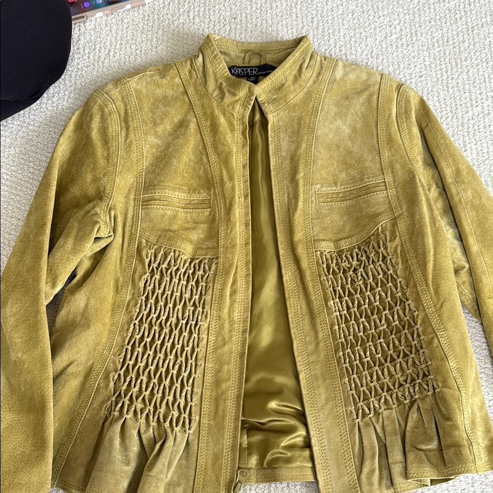 Kasper Tan Leather Jacket with Geometric Textures and Stand-Up Collar